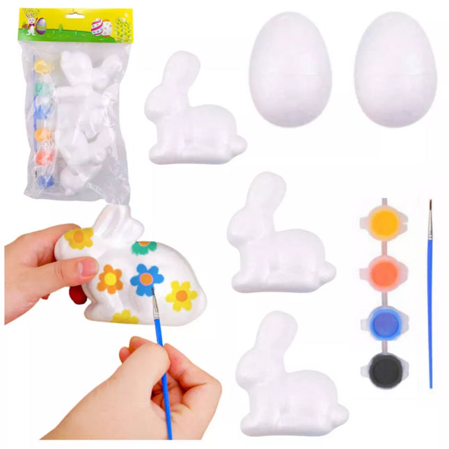 Rinkinys putplasčio dekoracijoms dažyti 3 kiškučiai 2 kiaušiniai dažai