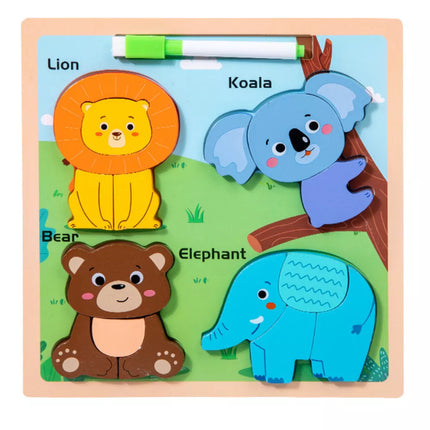 Dėlionės lenta 2in1 Medinė edukacinė Laukinių gyvūnų Žymeklis