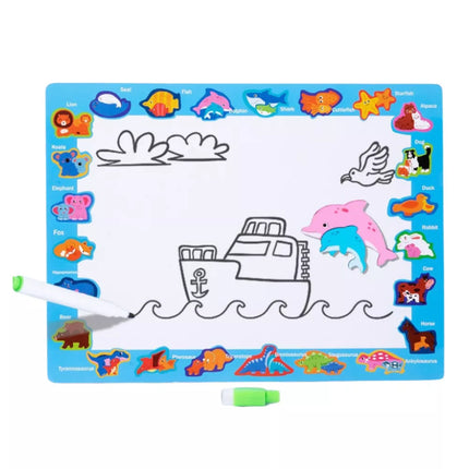 Dėlionė-lenta 2in1 medinė edukacinė lenta žymeklis dinozaurai 12vnt