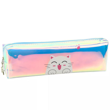 Holografinis mėlynas penalas su kate vaikams į mokyklą, 21x6 cm