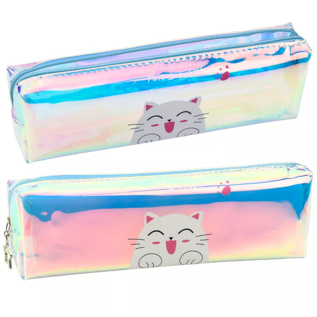 Holografinis mėlynas penalas su kate vaikams į mokyklą, 21x6 cm