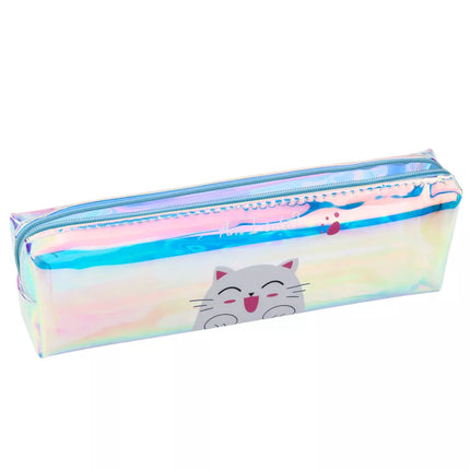 Holografinis mėlynas penalas su kate vaikams į mokyklą, 21x6 cm