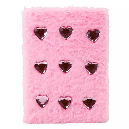 Rožinė pliušinė A5 užrašų knygutė su kristalinėmis širdelėmis, 80 lapų