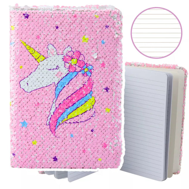 Sąsiuvinis A5, linijinis, su blizgučiais, dviejų spalvų vienaragiu, 80 lapų