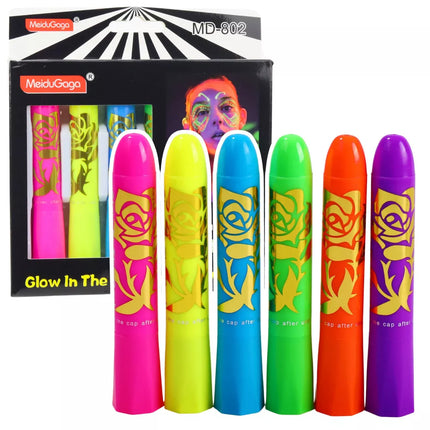 Neoninių UV fluorescencinių pieštukų rinkinys veido piešimui, 6 vnt.