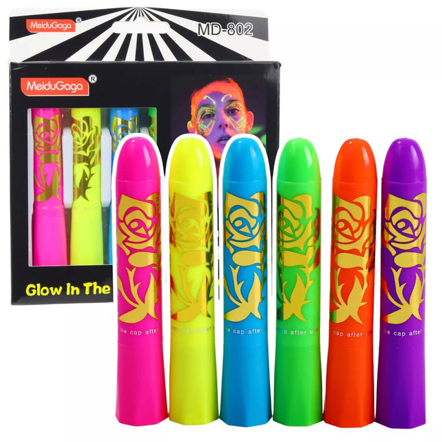 Neoninių UV fluorescencinių pieštukų rinkinys veido piešimui, 6 vnt.