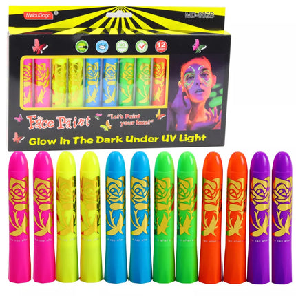 Neoninių UV fluorescencinių pieštukų rinkinys veido piešimui, 12 vnt.