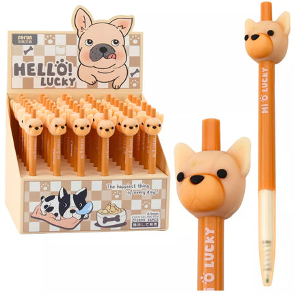 Gelinis rašiklis su mopsų šuniuku, mėlynas, smėlio spalvos rašalas, 0,5 mm