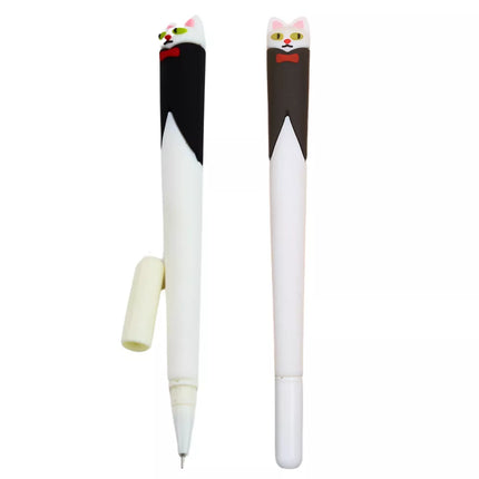 Gelinis rašiklis su katės ir kaspinėlio motyvu, mėlynas rašalas, dangtelis juodai baltas, 16,5 cm