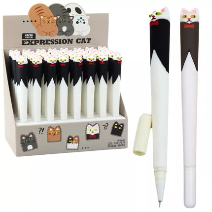 Gelinis rašiklis su katės ir kaspinėlio motyvu, mėlynas rašalas, dangtelis juodai baltas, 16,5 cm