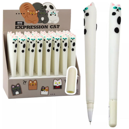 Katės formos gelinis rašiklis, mėlynas rašalas, su dangteliu, aplikacijos, baltas, 16,5 cm