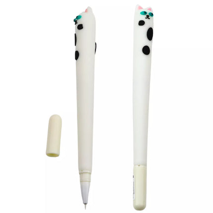 Katės formos gelinis rašiklis, mėlynas rašalas, su dangteliu, aplikacijos, baltas, 16,5 cm