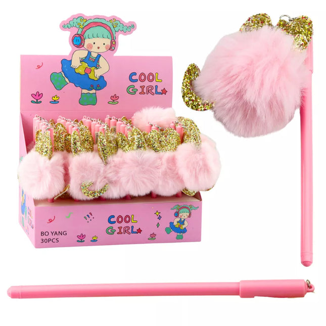 Gelinis rašiklis su rožiniu pompono dangteliu ir mėlynu rašalu, 17 cm, 0.5 mm