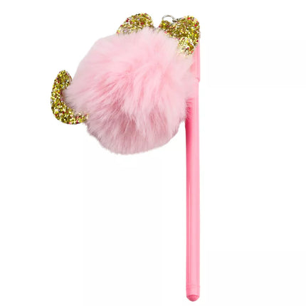 Gelinis rašiklis su rožiniu pompono dangteliu ir mėlynu rašalu, 17 cm, 0.5 mm