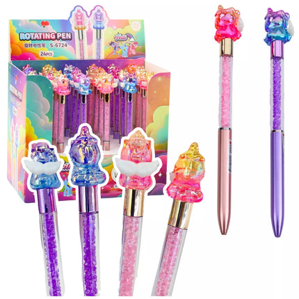 Gelinis rašiklis su vienaragio figūrėle, juodos spalvos rašalas, įvairių spalvų