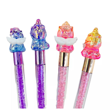 Gelinis rašiklis su vienaragio figūrėle, juodos spalvos rašalas, įvairių spalvų