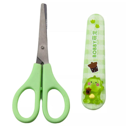 Vaikiškos mokyklinės žirklės su dėklu, pritaikytos naudoti abiem rankomis, žalios spalvos, 14 cm