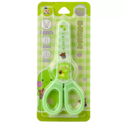 Vaikiškos mokyklinės žirklės su dėklu, pritaikytos naudoti abiem rankomis, žalios spalvos, 14 cm