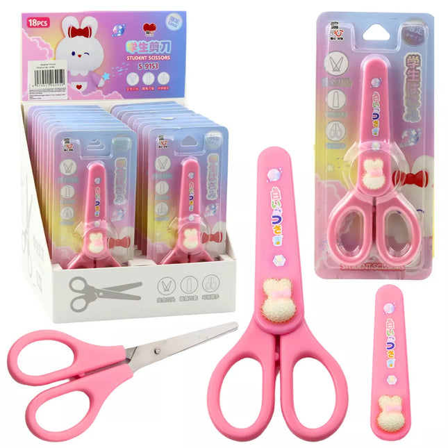 Žirklės su dangteliu, dekoruotos baltu zuikučiu, 14 cm, skirtos mokyklai