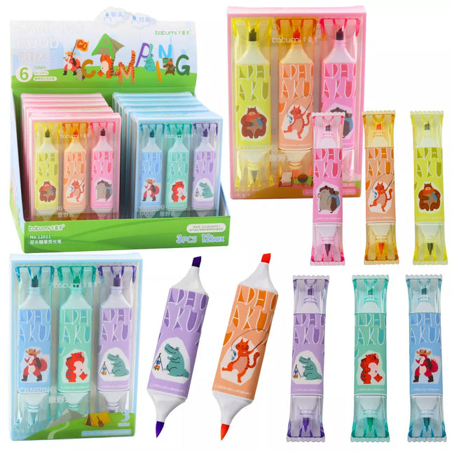 Žymeklių rinkinys rožinės ir mėlynos spalvos su gyvūnų motyvais, dviem antgaliais, 3 vnt.