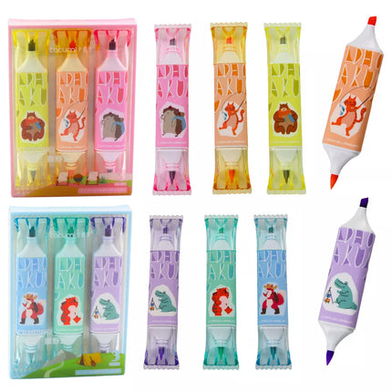 Žymeklių rinkinys rožinės ir mėlynos spalvos su gyvūnų motyvais, dviem antgaliais, 3 vnt.