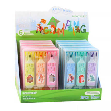 Žymeklių rinkinys rožinės ir mėlynos spalvos su gyvūnų motyvais, dviem antgaliais, 3 vnt.