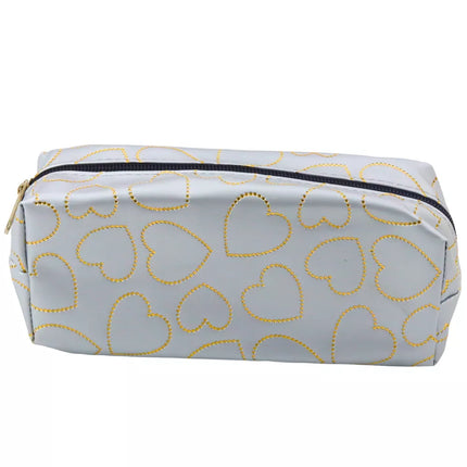 Viengubos talpos mokyklinė/biuro pieštukinė, sidabrinė su auksinėmis širdutėmis, 20x8 cm