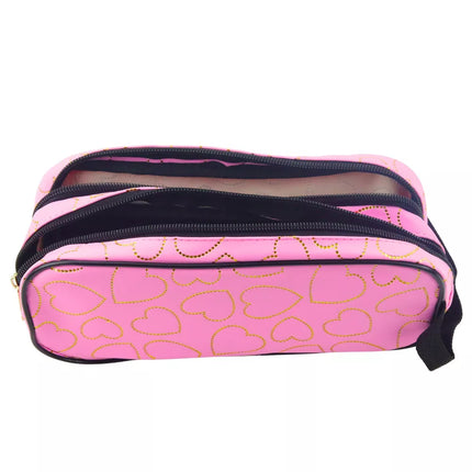 Mokyklinis pieštukų dėklas su dviem skyreliais, rožinis, su auksinėmis širdelėmis, 23,5x10 cm