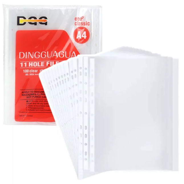 Skaidrios dokumentų kišenėlės su 11 skylių, A4 formatas, 100 vnt.