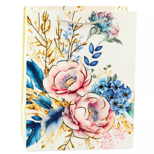 Dovanų maišelis su gėlių ir aukso elementais, 23 x 18 x 10 cm