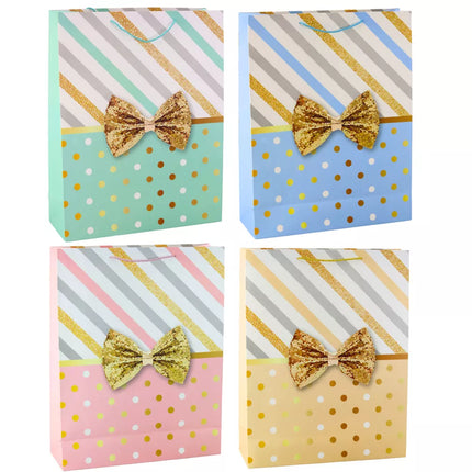 Didelis dovanų maišelis su kaspinu, aukso spalvos dekoracijomis, 55 x 43 x 15 cm