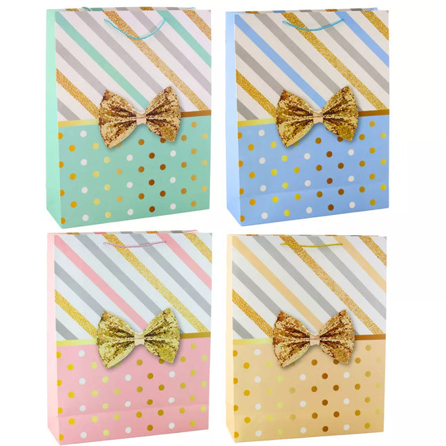 Didelis dovanų maišelis su kaspinu, aukso spalvos dekoracijomis, 55 x 43 x 15 cm