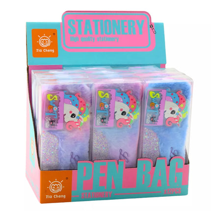 Pliušinis vienaragis penalas, žėrintys elementai, vienaragis, mėlynas