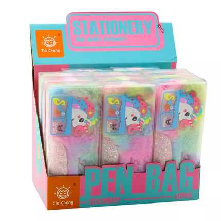 Pliušinis penalas su vienaragio blizgučiais, vienaragis, spalvingas