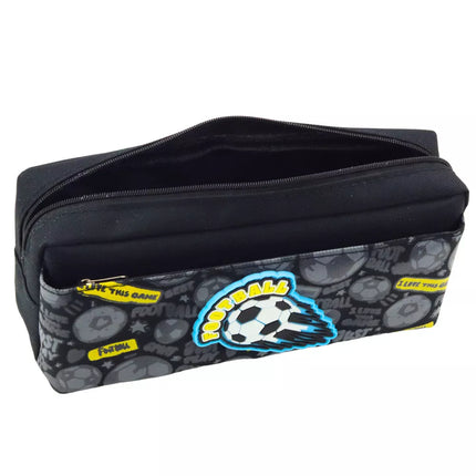 Pieštukinė mokyklos reikmenų dėklas su futbolo kamuoliu, du skyriai, juoda