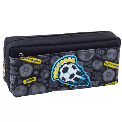 Pieštukinė mokyklos reikmenų dėklas su futbolo kamuoliu, du skyriai, juoda