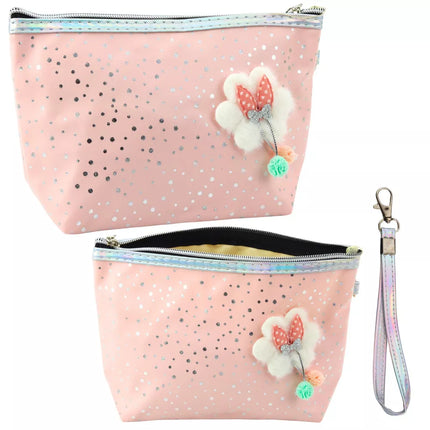 Kosmetinė su kaspinėliu ir blizgiais taškeliais, miltelinė rožinė, 23x16cm