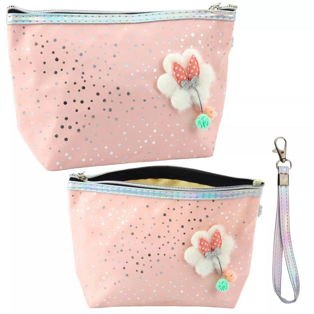 Kosmetinė su kaspinėliu ir blizgiais taškeliais, miltelinė rožinė, 23x16cm