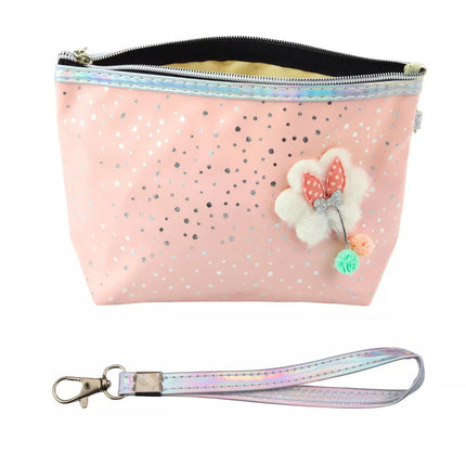 Kosmetinė su kaspinėliu ir blizgiais taškeliais, miltelinė rožinė, 23x16cm