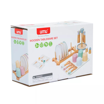 Medinis vaikiškų indų rinkinys su stovu, 33 elementai