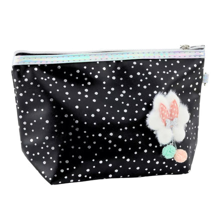 Juoda kosmetinė / pieštukų dėklas su kaspinėliu ir blizgančiais taškeliais 23x16cm