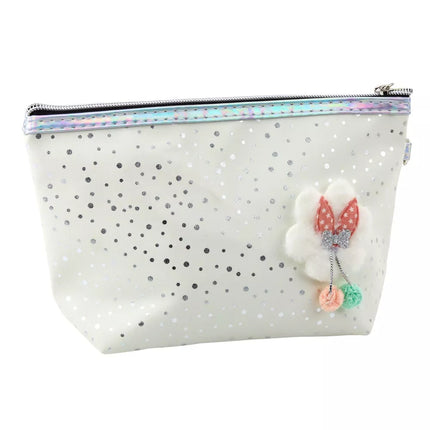 Kosmetinė-pieštukinė su kaspinėliu ir blizgiais taškeliais, balta, 23x16cm