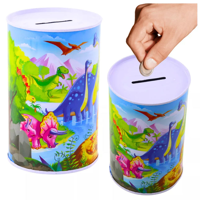 Taupyklė su dinozaurais, metalinė, spalvinga, 13 x 8 cm