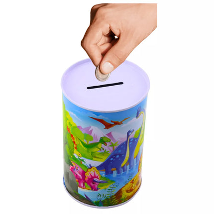 Taupyklė su dinozaurais, metalinė, spalvinga, 13 x 8 cm