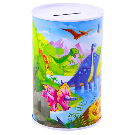 Taupyklė su dinozaurais, metalinė, spalvinga, 13 x 8 cm
