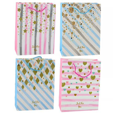 Popierinis dovanų maišelis, mėlynas/rožinis, su blizgučiais, 23 x 18 x 10,5 cm