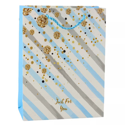 Popierinis dovanų maišelis, mėlynas/rožinis, su blizgučiais, 23 x 18 x 10,5 cm