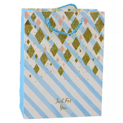 Popierinis dovanų maišelis, mėlynas/rožinis, su blizgučiais, 23 x 18 x 10,5 cm