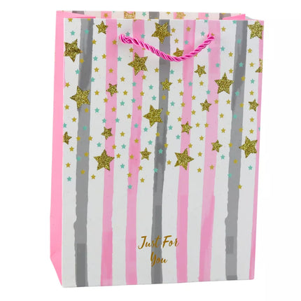 Popierinis dovanų maišelis, mėlynas/rožinis, su blizgučiais, 23 x 18 x 10,5 cm