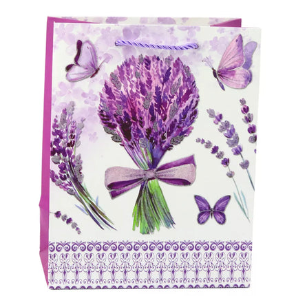 Levandų spalvos popierinis dovanų maišelis su blizgučiais, 23 x 18 x 10,5 cm